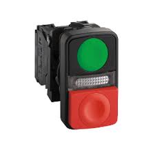 Pulsador doble verde + rojo con luz piloto amarilla 240V A/CC en 50/60 Hz - 22 MM 1 NA+1 NC IP66, IP69 K